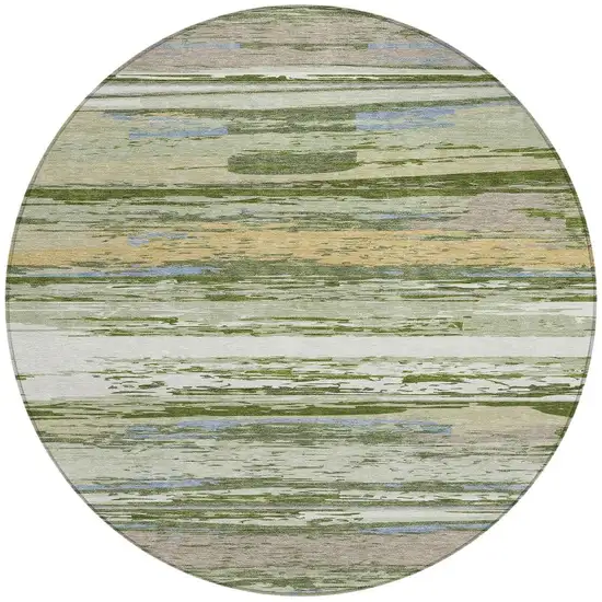 8' Artichoke Green Ivory And Tan Round Striped Washable Indoor Outdoor Area Rug Photo 5