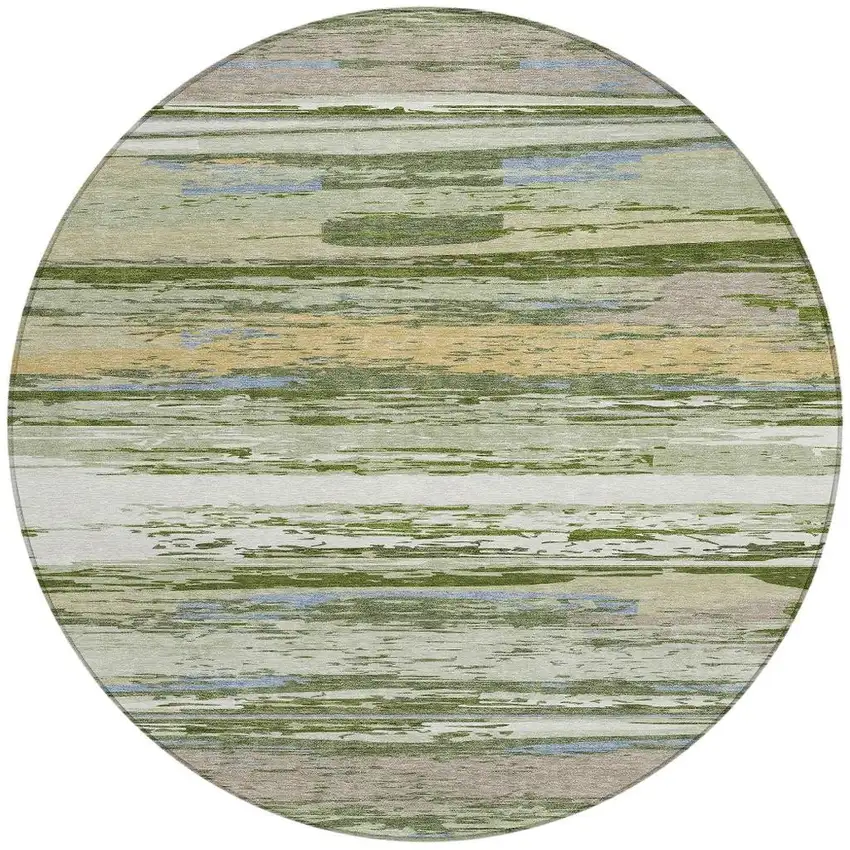 8' Artichoke Green Ivory And Tan Round Striped Washable Indoor Outdoor Area Rug Photo 5