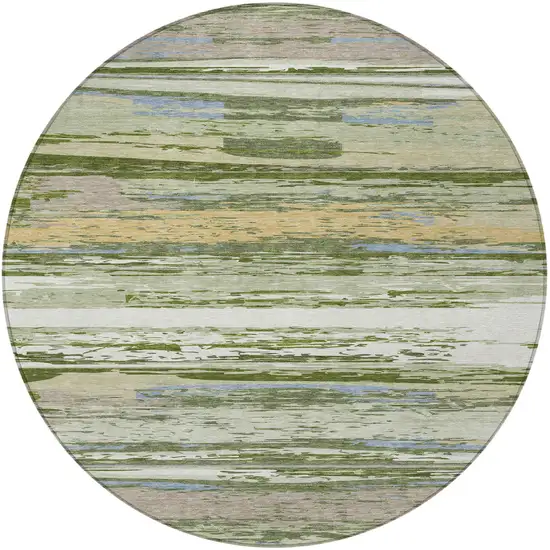 8' Artichoke Green Ivory And Tan Round Striped Washable Indoor Outdoor Area Rug Photo 4