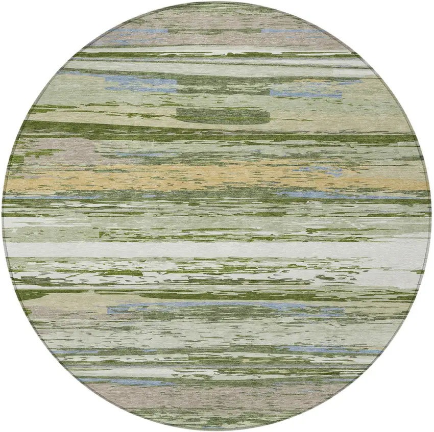 8' Artichoke Green Ivory And Tan Round Striped Washable Indoor Outdoor Area Rug Photo 4