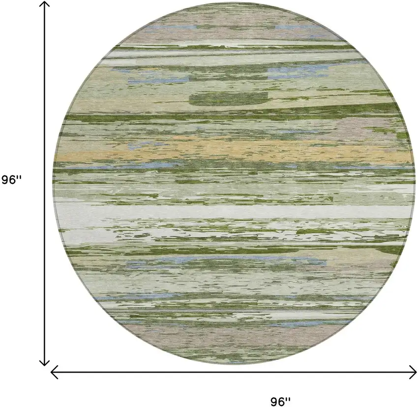 8' Artichoke Green Ivory And Tan Round Striped Washable Indoor Outdoor Area Rug Photo 3