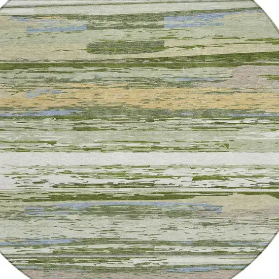 8' Artichoke Green Ivory And Tan Round Striped Washable Indoor Outdoor Area Rug Photo 7