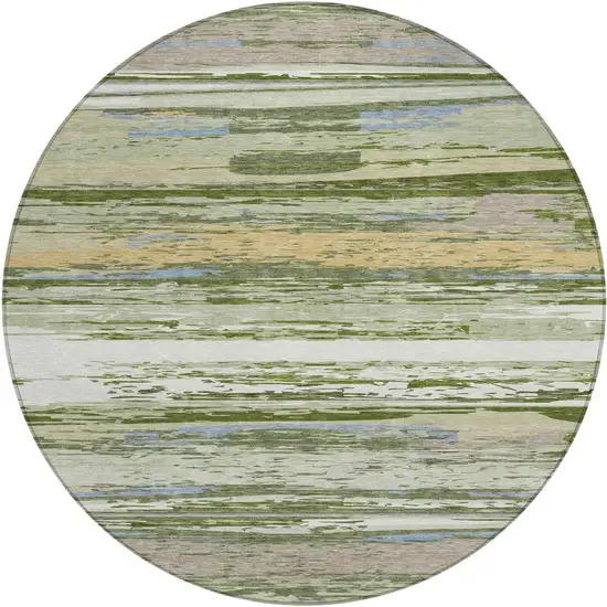 8' Artichoke Green Ivory And Tan Round Striped Washable Indoor Outdoor Area Rug Photo 2