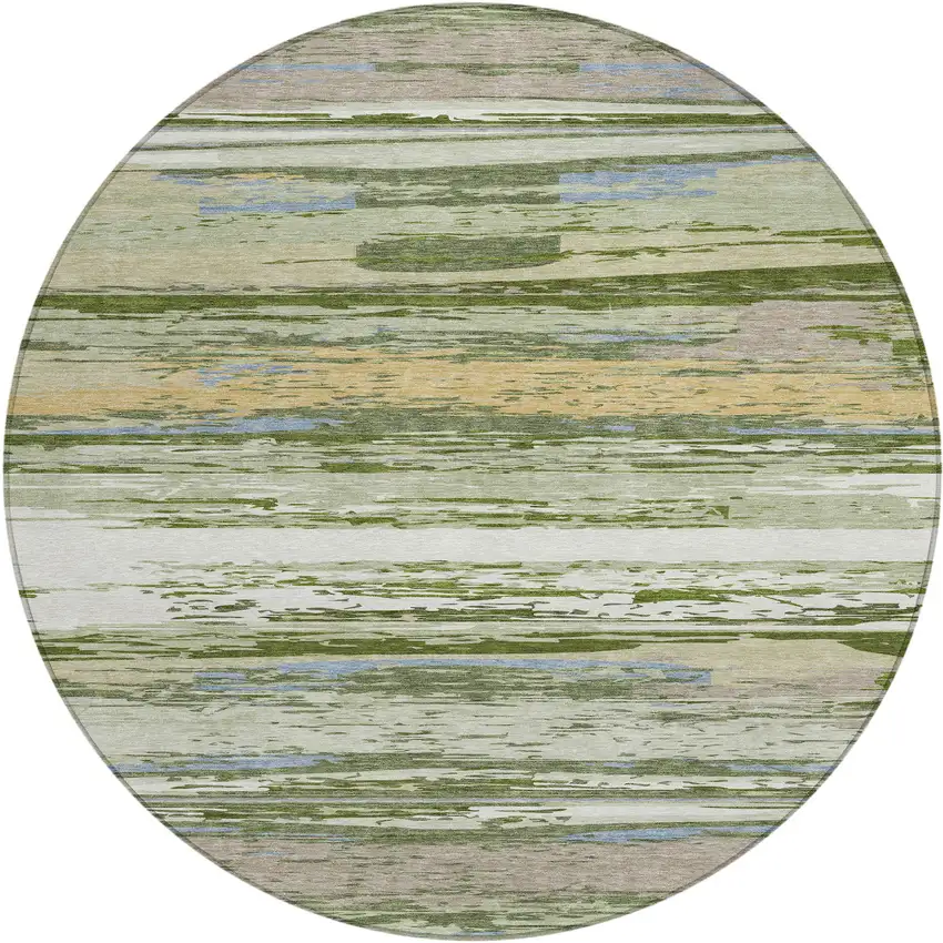 8' Artichoke Green Ivory And Tan Round Striped Washable Indoor Outdoor Area Rug Photo 2