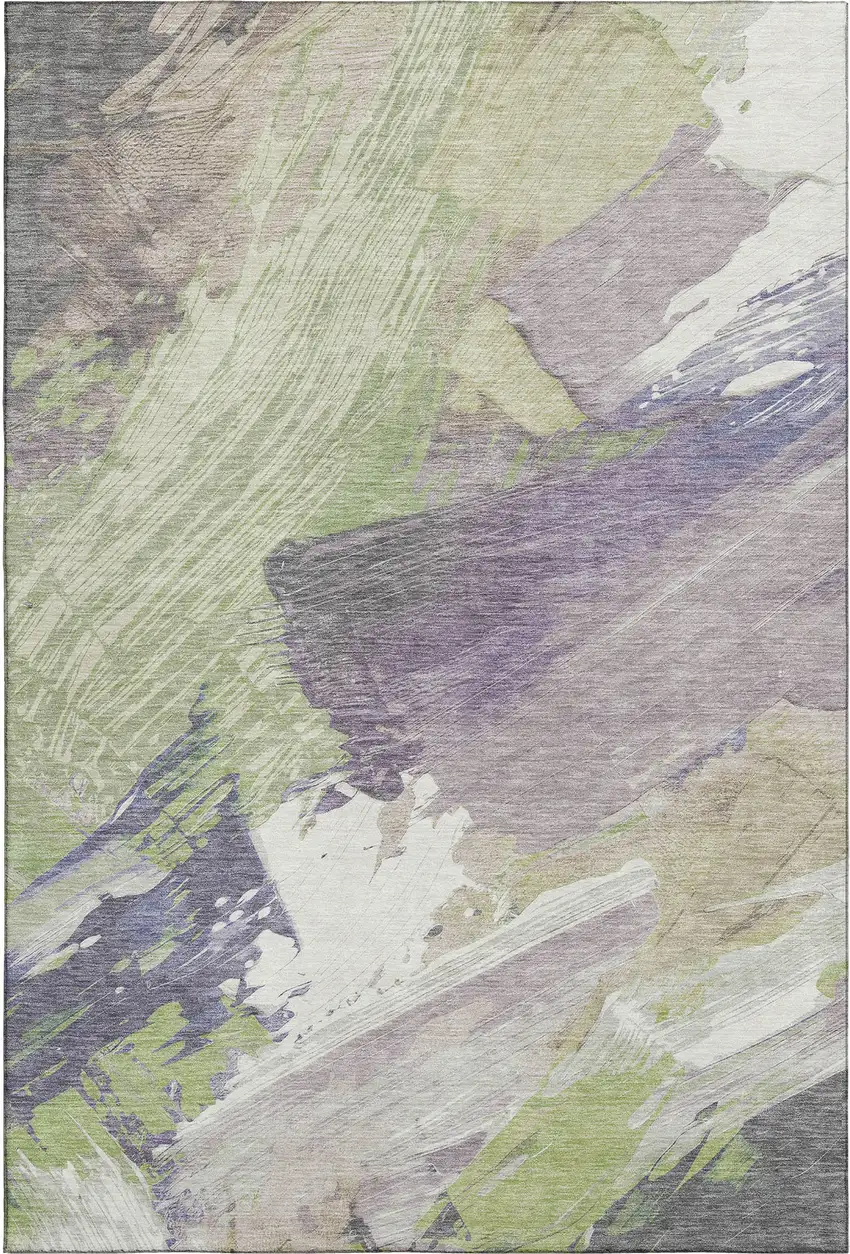 8' Artichoke Green Ivory And Taupe Abstract Washable Area Rug With UV Protection Photo 1