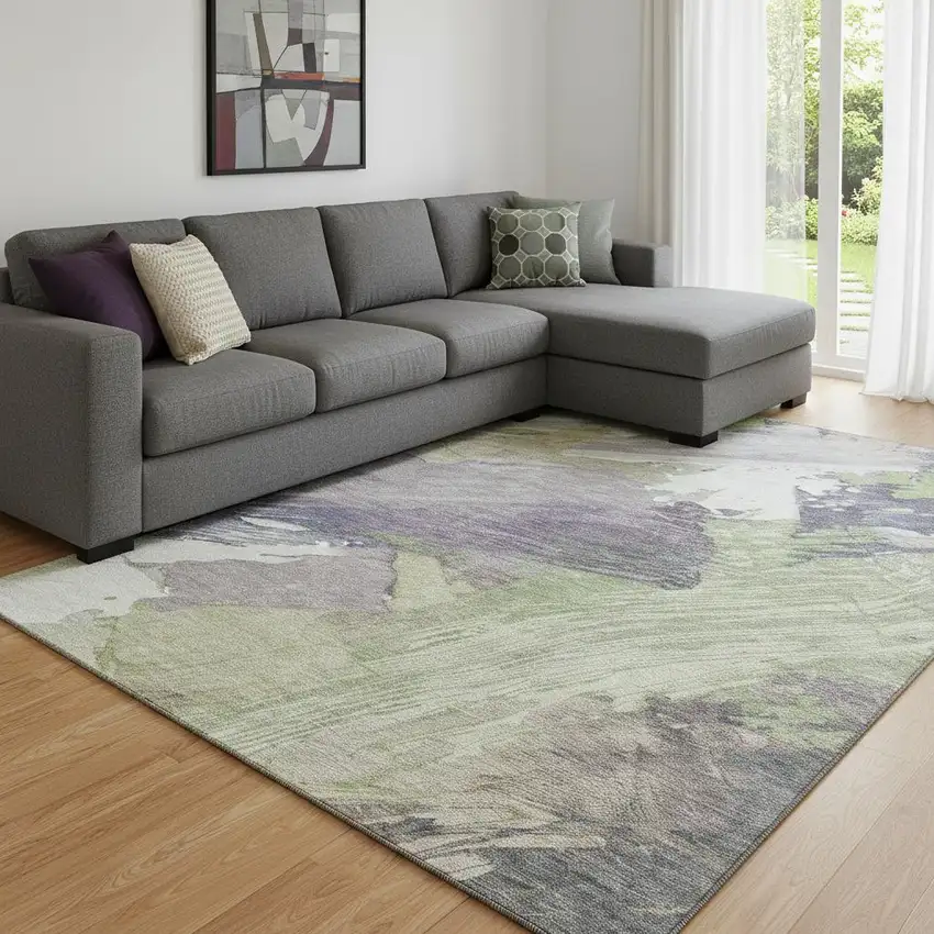 8' Artichoke Green Ivory And Taupe Abstract Washable Area Rug With UV Protection Photo 2