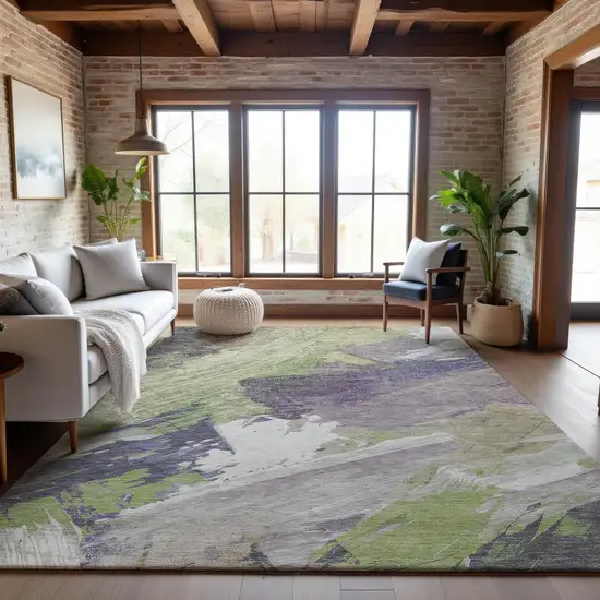 8' Artichoke Green Ivory And Taupe Abstract Washable Area Rug With UV Protection Photo 5