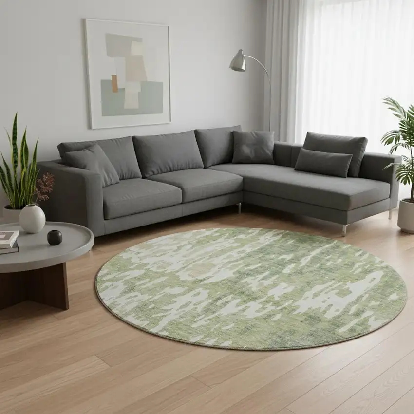 8' Artichoke Green Ivory And Taupe Abstract Washable Round Rug With UV Protection Photo 2