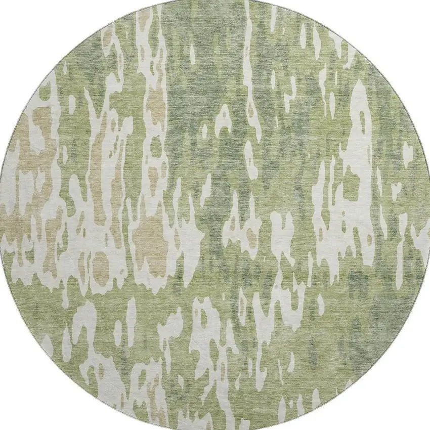 8' Artichoke Green Ivory And Taupe Abstract Washable Round Rug With UV Protection Photo 3