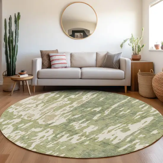 8' Artichoke Green Ivory And Taupe Abstract Washable Round Rug With UV Protection Photo 4