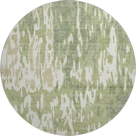 8' Artichoke Green Ivory And Taupe Abstract Washable Round Rug With UV Protection Photo 1