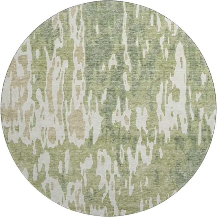 8' Artichoke Green Ivory And Taupe Abstract Washable Round Rug With UV Protection Photo 1