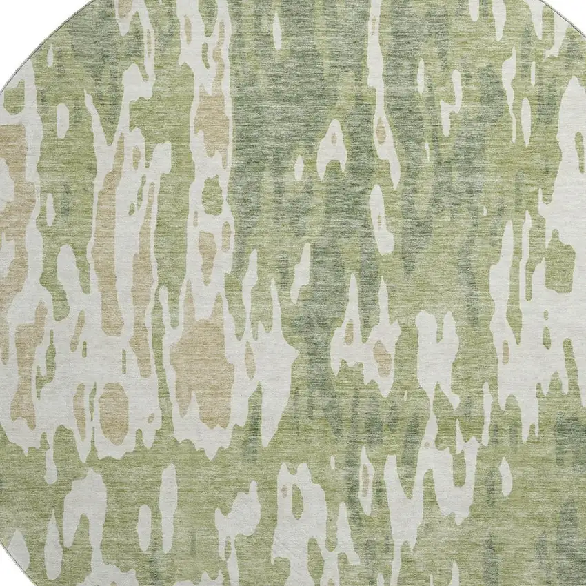 8' Artichoke Green Ivory And Taupe Abstract Washable Round Rug With UV Protection Photo 2