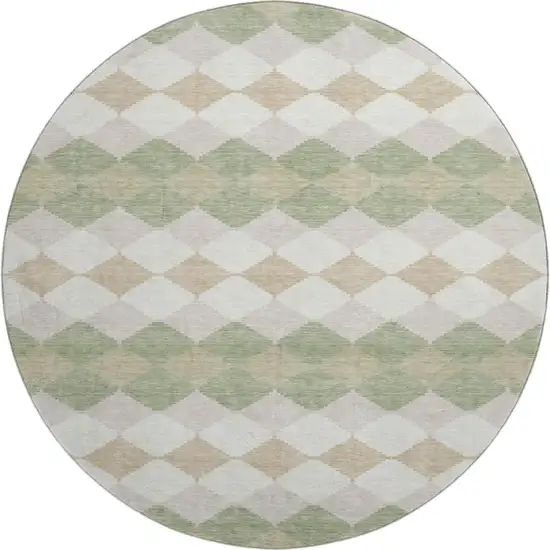 8' Artichoke Green Ivory And Taupe Geometric Washable Round Rug With UV Protection Photo 1