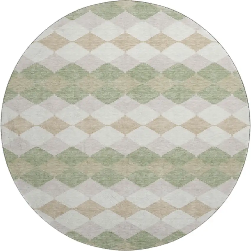 8' Artichoke Green Ivory And Taupe Geometric Washable Round Rug With UV Protection Photo 1