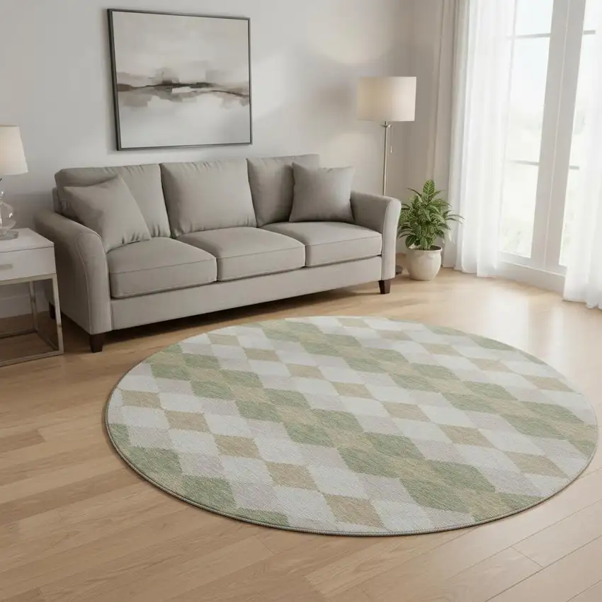 8' Artichoke Green Ivory And Taupe Geometric Washable Round Rug With UV Protection Photo 2