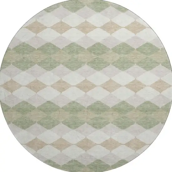 8' Artichoke Green Ivory And Taupe Geometric Washable Round Rug With UV Protection Photo 3