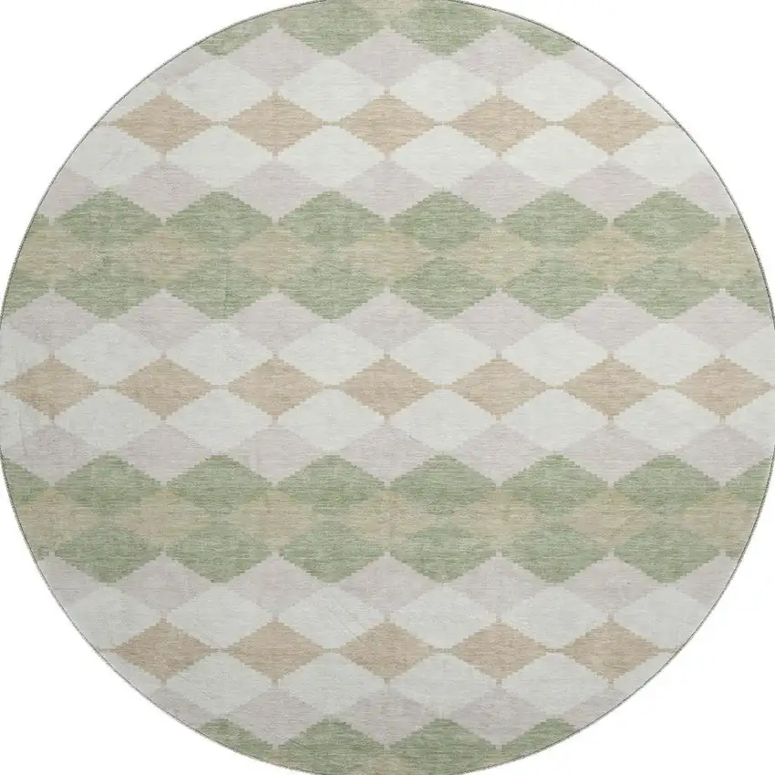 8' Artichoke Green Ivory And Taupe Geometric Washable Round Rug With UV Protection Photo 3