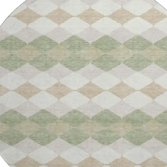 8' Artichoke Green Ivory And Taupe Geometric Washable Round Rug With UV Protection Photo 2