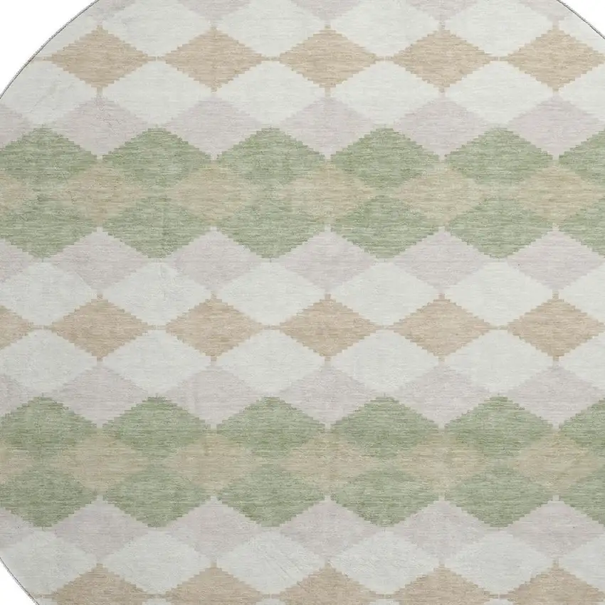 8' Artichoke Green Ivory And Taupe Geometric Washable Round Rug With UV Protection Photo 2