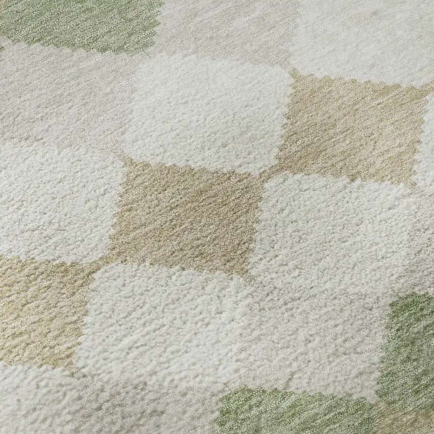 8' Artichoke Green Ivory And Taupe Geometric Washable Round Rug With UV Protection Photo 8