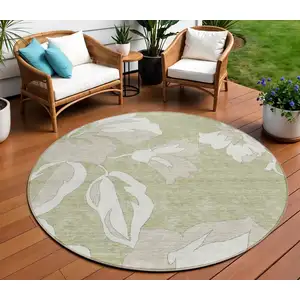 Photo of 8' Artichoke Green Ivory And Taupe Round Floral Washable Indoor Outdoor Area Rug