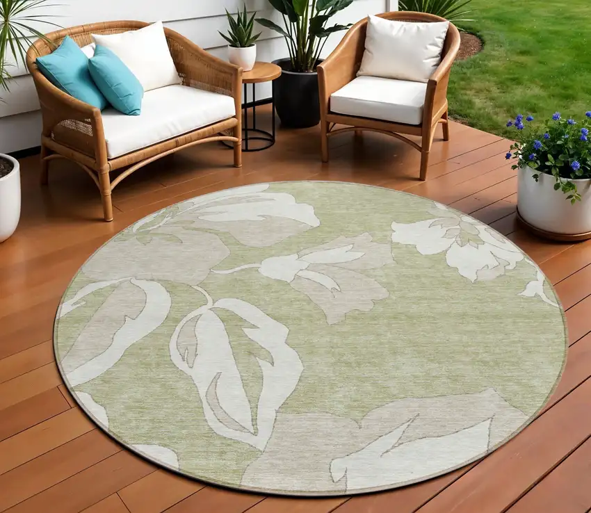 8' Artichoke Green Ivory And Taupe Round Floral Washable Indoor Outdoor Area Rug Photo 1