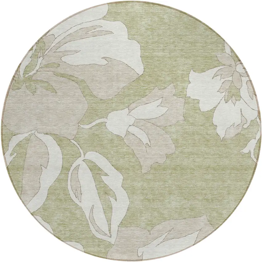 8' Artichoke Green Ivory And Taupe Round Floral Washable Indoor Outdoor Area Rug Photo 2
