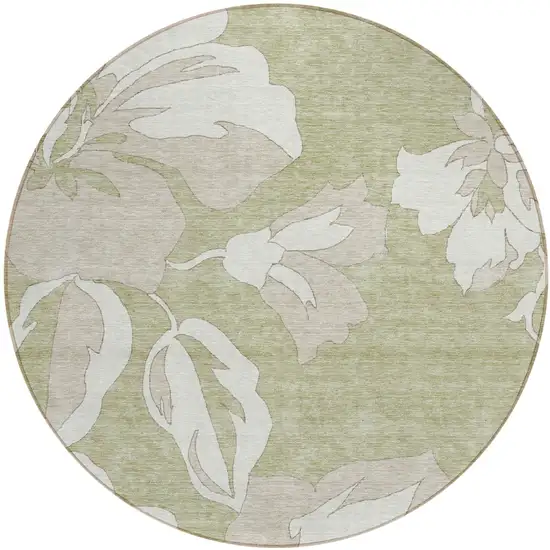 8' Artichoke Green Ivory And Taupe Round Floral Washable Indoor Outdoor Area Rug Photo 2