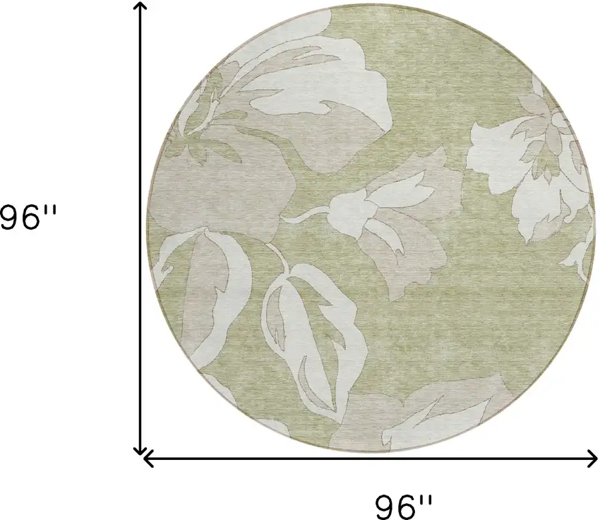 8' Artichoke Green Ivory And Taupe Round Floral Washable Indoor Outdoor Area Rug Photo 3
