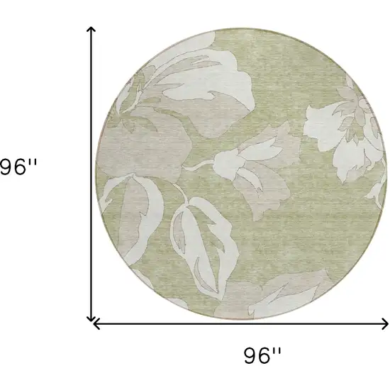 8' Artichoke Green Ivory And Taupe Round Floral Washable Indoor Outdoor Area Rug Photo 3