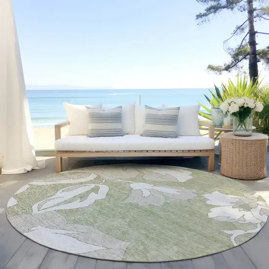 8' Artichoke Green Ivory And Taupe Round Floral Washable Indoor Outdoor Area Rug Photo 9