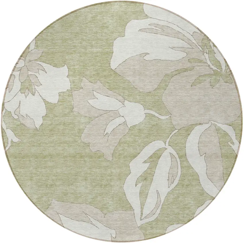 8' Artichoke Green Ivory And Taupe Round Floral Washable Indoor Outdoor Area Rug Photo 8