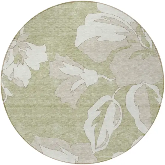 8' Artichoke Green Ivory And Taupe Round Floral Washable Indoor Outdoor Area Rug Photo 8