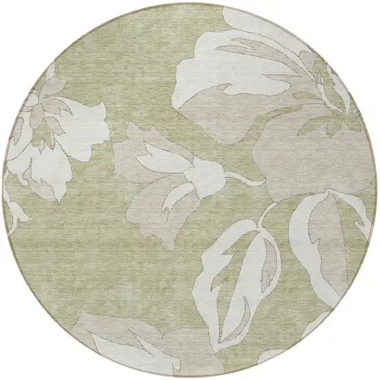 8' Artichoke Green Ivory And Taupe Round Floral Washable Indoor Outdoor Area Rug Photo 8