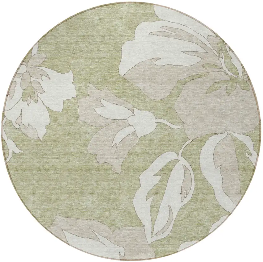 8' Artichoke Green Ivory And Taupe Round Floral Washable Indoor Outdoor Area Rug Photo 8