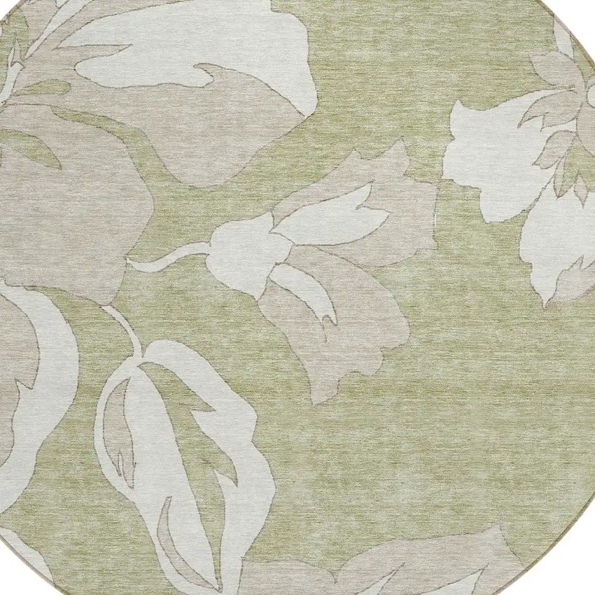 8' Artichoke Green Ivory And Taupe Round Floral Washable Indoor Outdoor Area Rug Photo 7