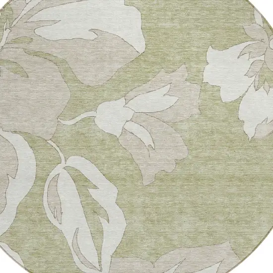 8' Artichoke Green Ivory And Taupe Round Floral Washable Indoor Outdoor Area Rug Photo 7