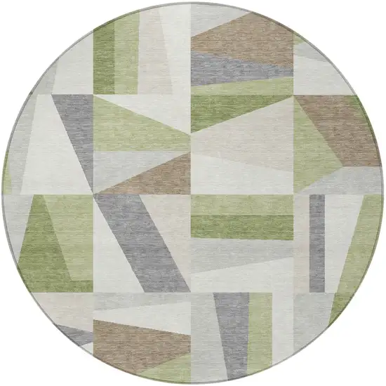 8' Artichoke Green Ivory And Taupe Round Geometric Washable Indoor Outdoor Area Rug Photo 4
