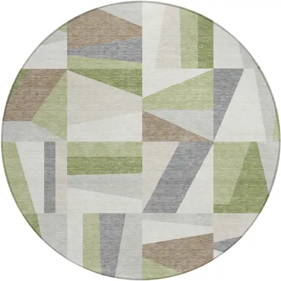 8' Artichoke Green Ivory And Taupe Round Geometric Washable Indoor Outdoor Area Rug Photo 2