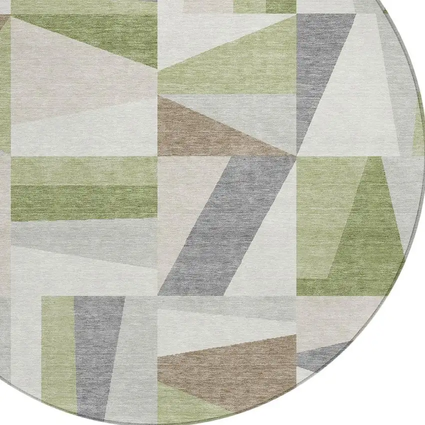 8' Artichoke Green Ivory And Taupe Round Geometric Washable Indoor Outdoor Area Rug Photo 5