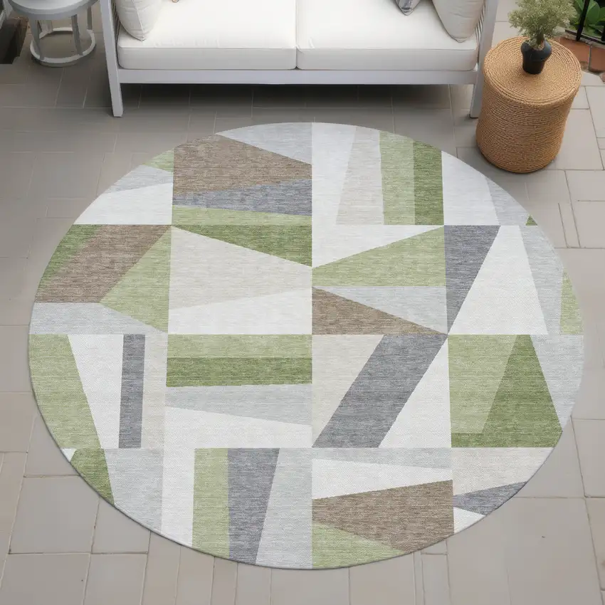 8' Artichoke Green Ivory And Taupe Round Geometric Washable Indoor Outdoor Area Rug Photo 7
