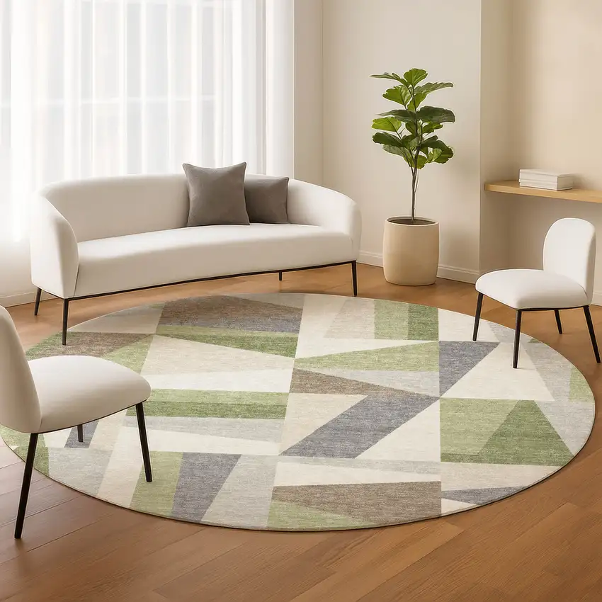 8' Artichoke Green Ivory And Taupe Round Geometric Washable Indoor Outdoor Area Rug Photo 9