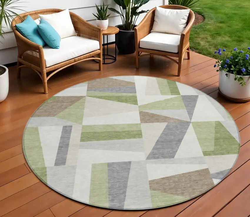 8' Artichoke Green Ivory And Taupe Round Geometric Washable Indoor Outdoor Area Rug Photo 1