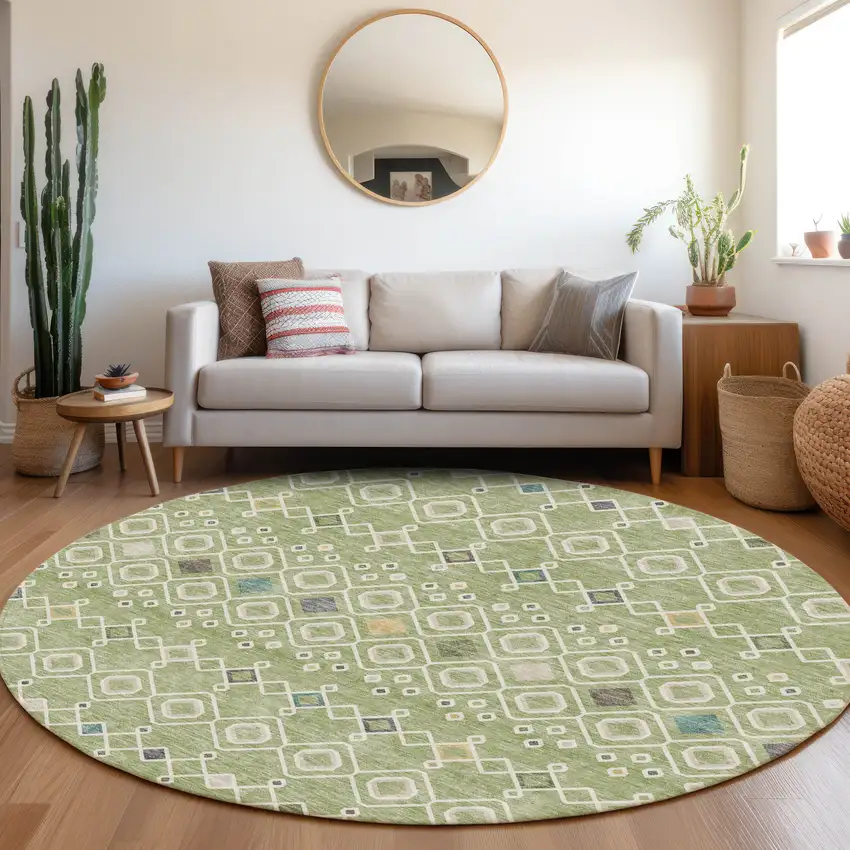 8' Artichoke Green Ivory And Teal Southwestern Washable Round Rug With UV Protection Photo 4