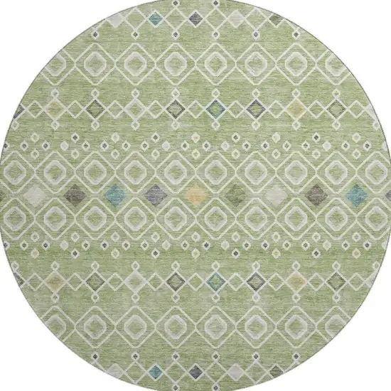 8' Artichoke Green Ivory And Teal Southwestern Washable Round Rug With UV Protection Photo 3