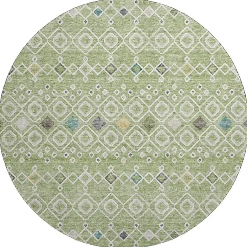 8' Artichoke Green Ivory And Teal Southwestern Washable Round Rug With UV Protection Photo 3