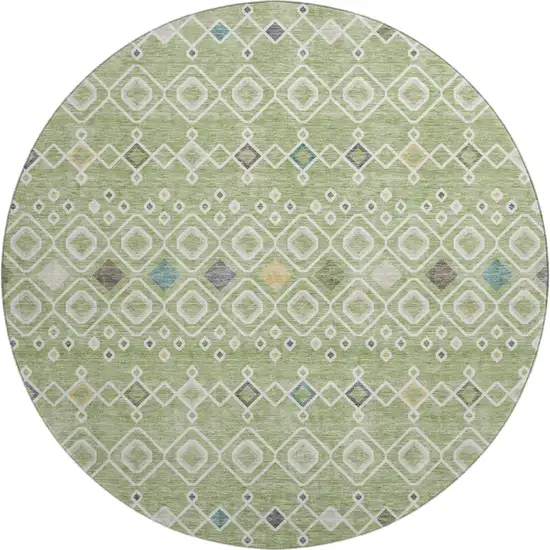 8' Artichoke Green Ivory And Teal Southwestern Washable Round Rug With UV Protection Photo 1