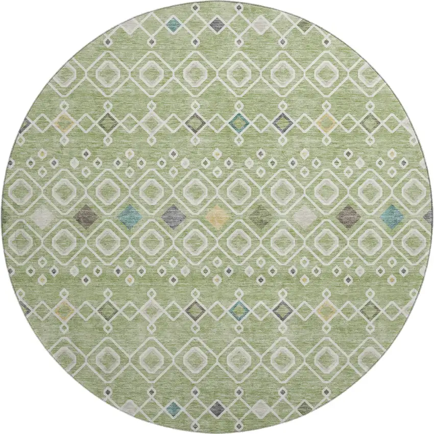 8' Artichoke Green Ivory And Teal Southwestern Washable Round Rug With UV Protection Photo 1