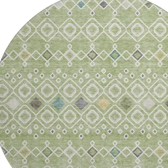 8' Artichoke Green Ivory And Teal Southwestern Washable Round Rug With UV Protection Photo 2